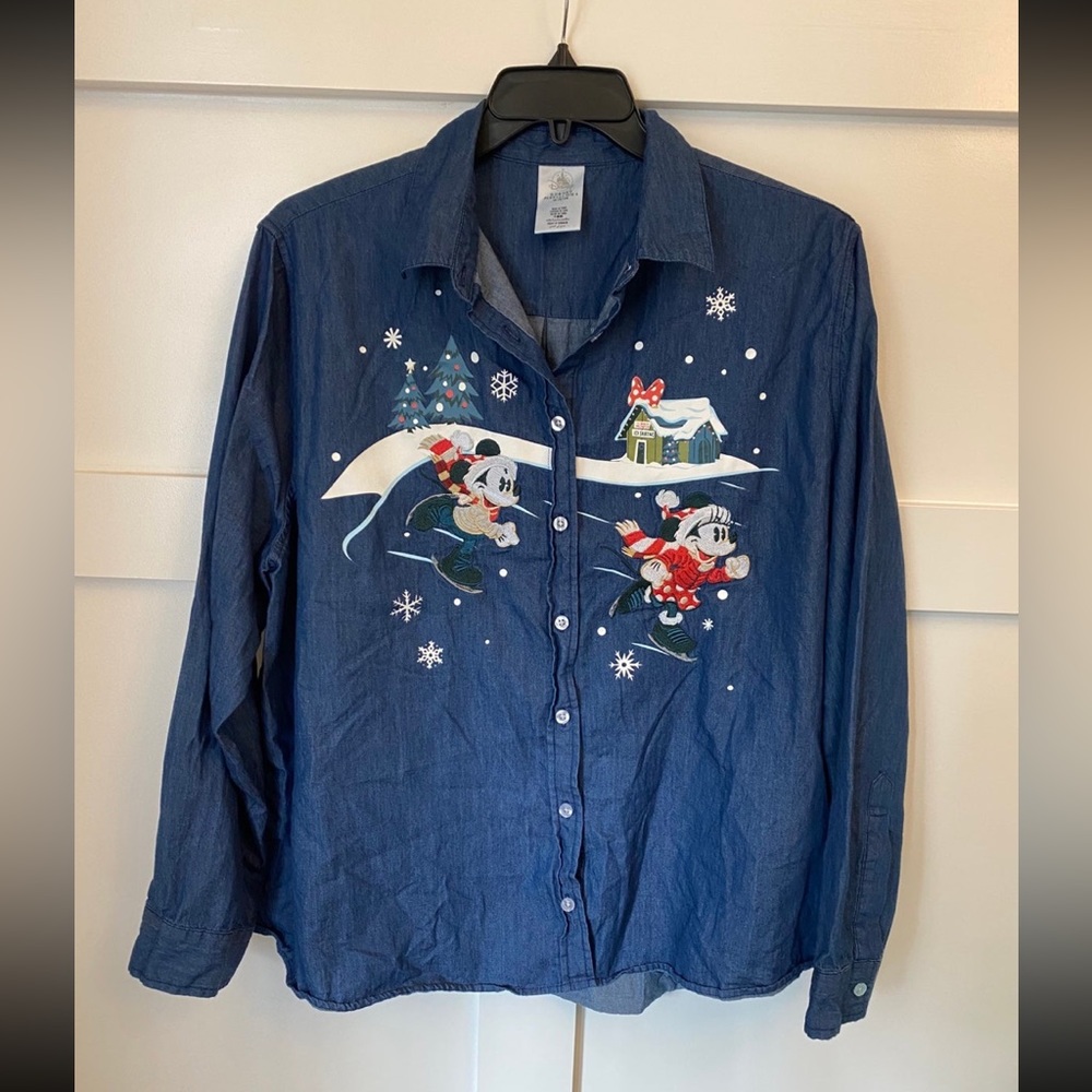 2021 Disney Parks Christmas Denim Jean Button Long Sleeve Shirt Mickey 1X